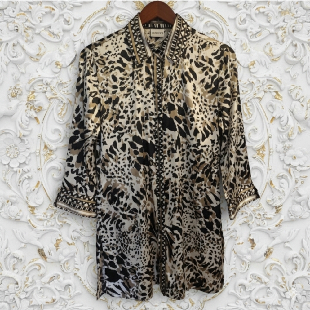 Chico's Satin Soft Cheetah Print Button-Up Blouse with Tribal Trim Size Small